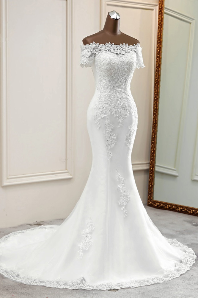 BMbridal Gorgeous Off-the-Shoulder Lace Mermaid Wedding Dresses Short Sleeves Rhinestons Bridal Gowns-BMbridal