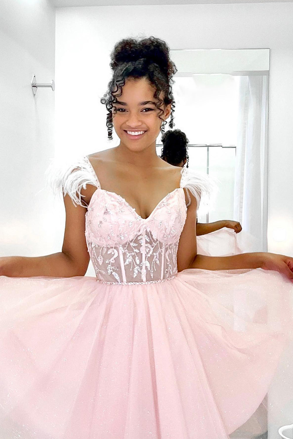 Glitter Pink A-Line Corset Tulle Short Homecoming Dress with Feathers-BMbridal