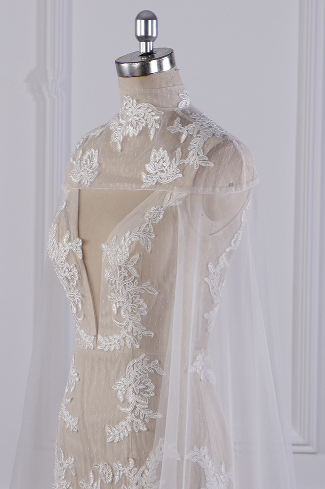 BMbridal Chic High-Neck Tulle Champagne Wedding Dress Mermaid Sleeveless Appliques Bridal Gowns Online-BMbridal