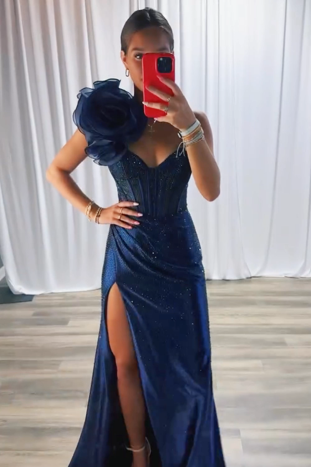 Navy Mermaid One Shoulder Beaded Long Corset Prom Dress with Slit