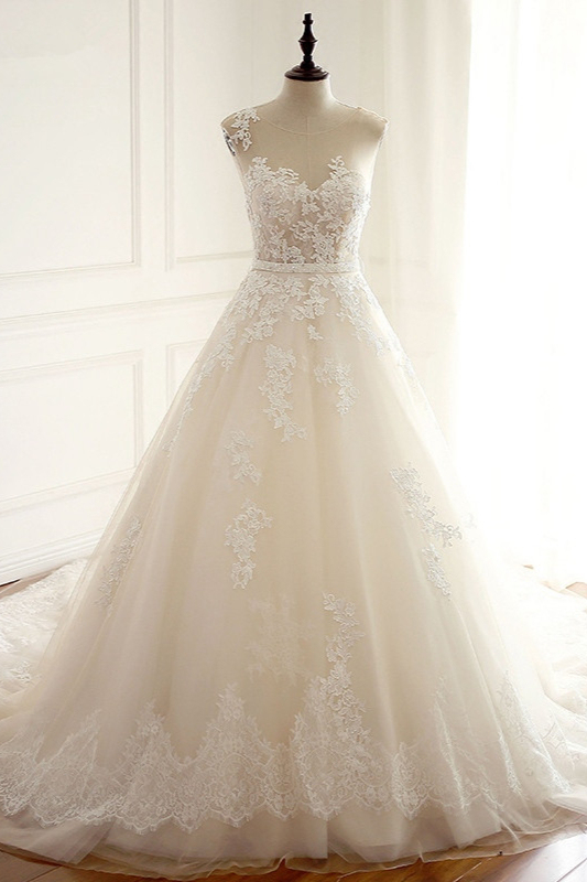 BMbridal Stylish Jewel A-Line Tulle Ivory Wedding Dress Appliques Sleeveless Bridal Gowns with Beading Sash Online-BMbridal