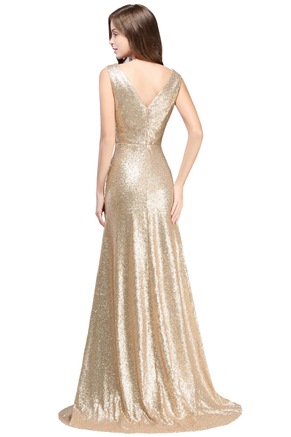 BMbridal Elegant A-line Open Back Sequins Sleeveless V-neck Evening Dress