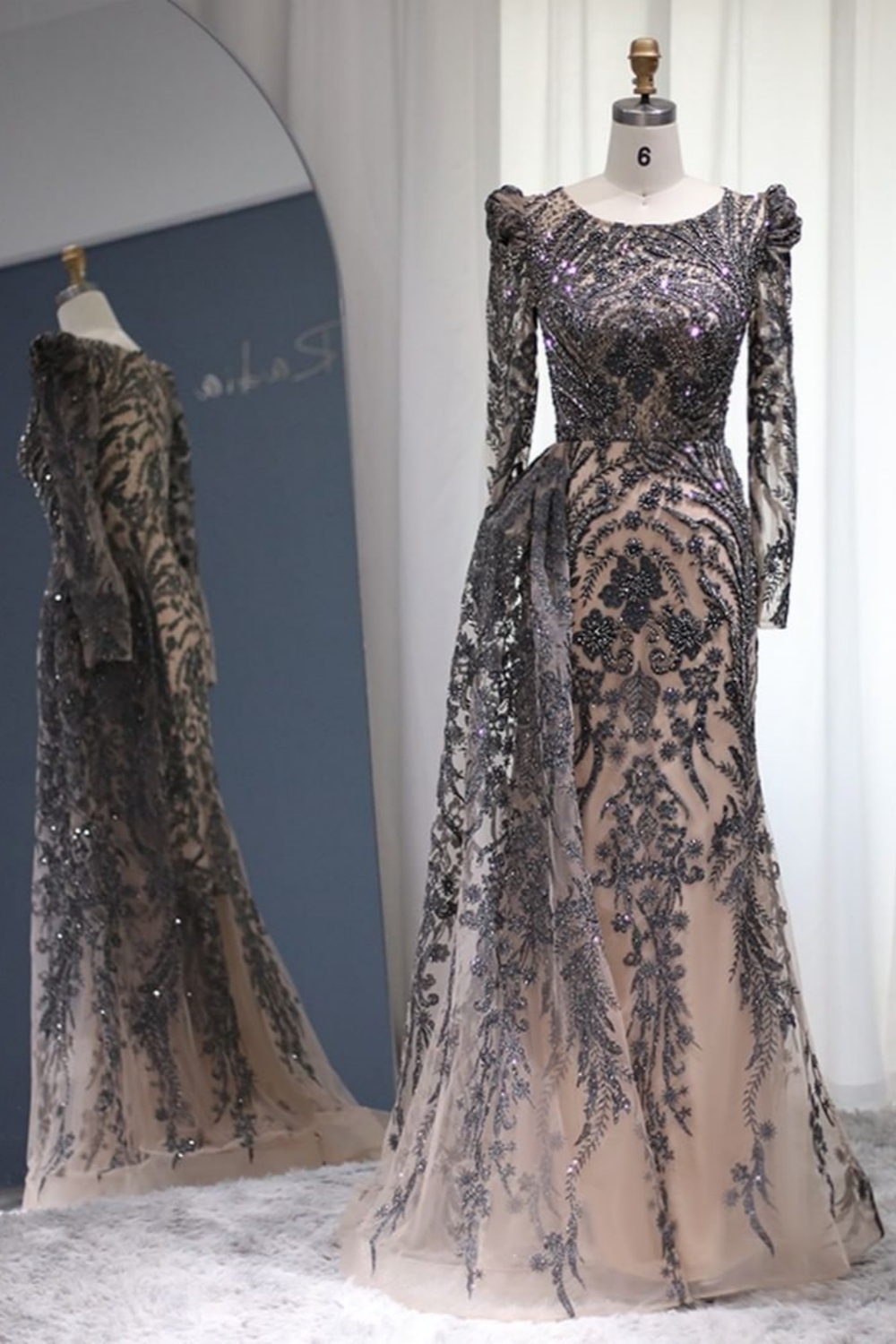Bmbridal A-Line Long Sleeves Scoop Floor-Length Prom Dresses with Lace