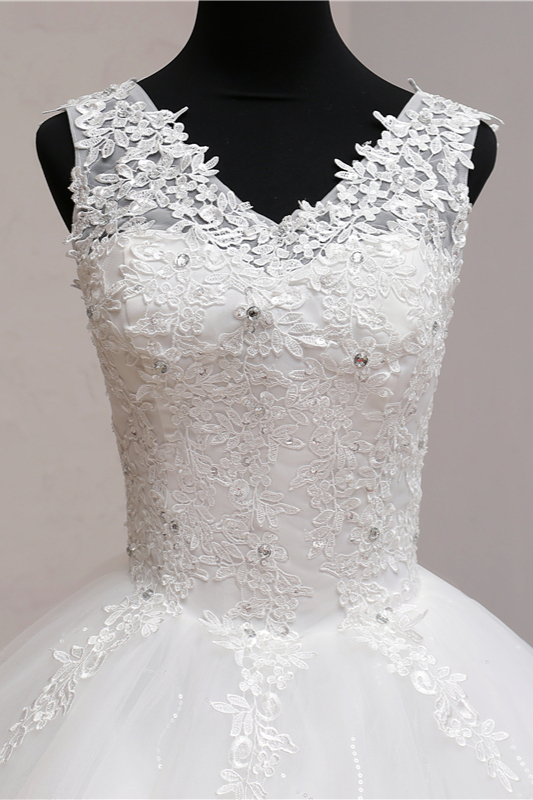 BMbridal Ball Gown V-Neck White Tulle Wedding Dresses Sleeveless Lace Appliques Bridal Gowns with Beadings-BMbridal
