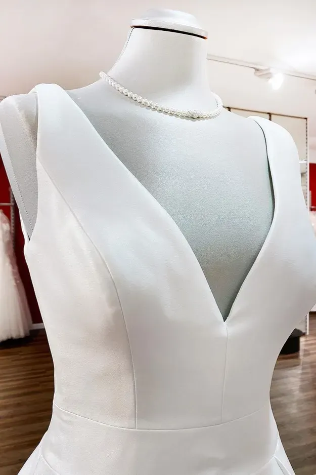 Modest A-Line Long V-Neck Satin Open Back Wedding Dress with Ruffles