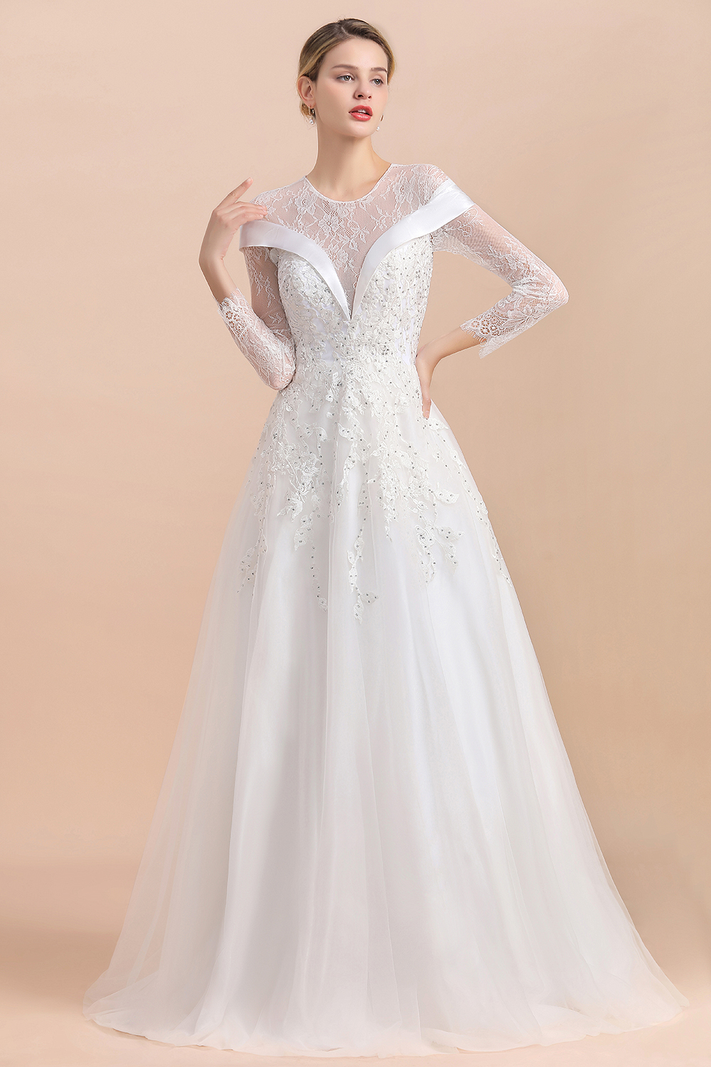 BMbridal Gorgeous Long Sleeve Lace Wedding Dress Online Appliques Bridal Gowns With Beadings