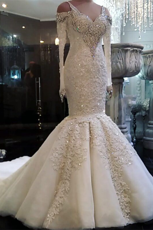 V-Neck Mermaid Beadings Long Sleeves Wedding Dress with Lace Appliques