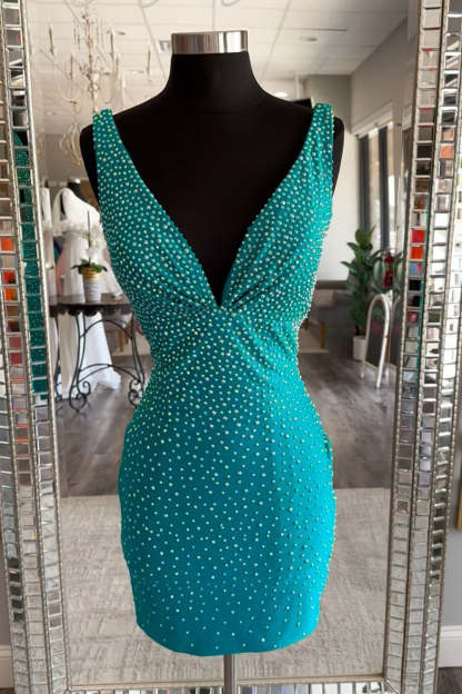 Sparkly Black Beaded V-Neck Backless Tight Short Homecoming Dress