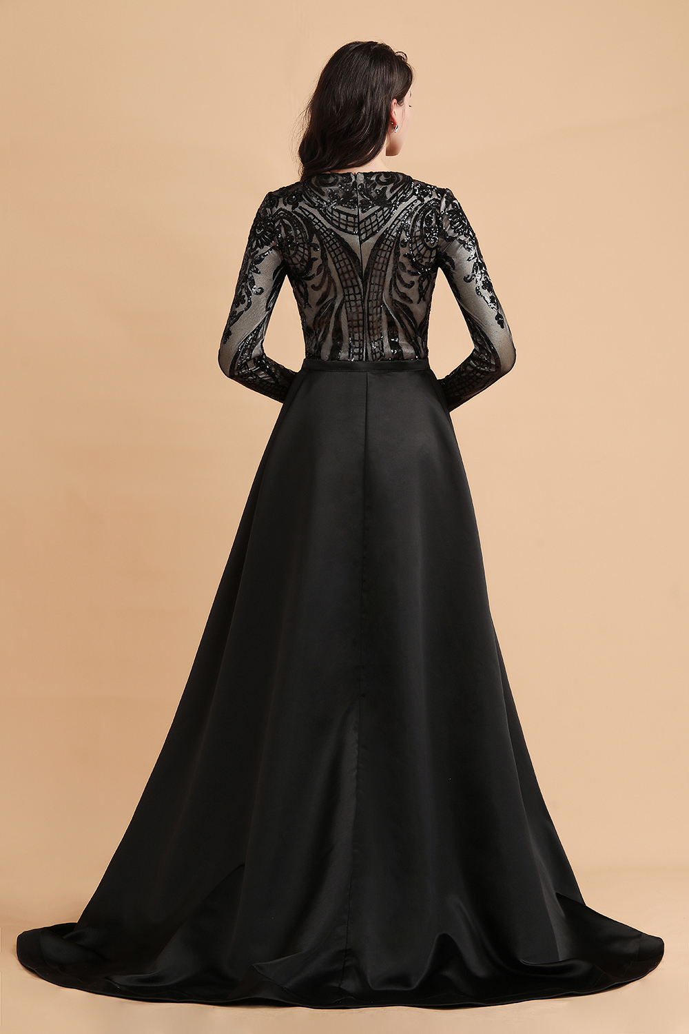 BMbridal Elegant Jewel Sequined Mermaid Prom Dresses Long Sleeves Appliques Party Dress with Overskirt-BMbridal