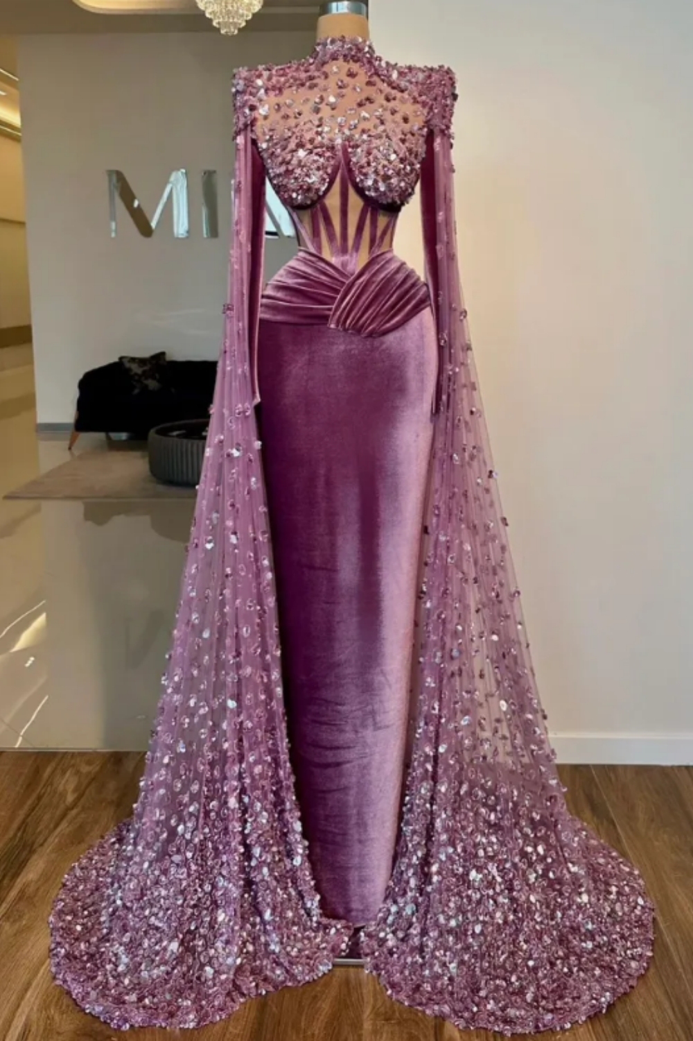 Gorgeous Floor-Length High Neck Mermaid Velvet Prom Dresses with Watteau Train