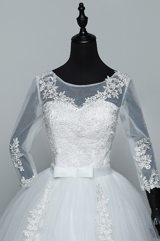 BMbridal Gorgeous Jewel Tulle Lace White Wedding Dresses 3/4 Sleeves Appliques Bridal Gowns On Sale