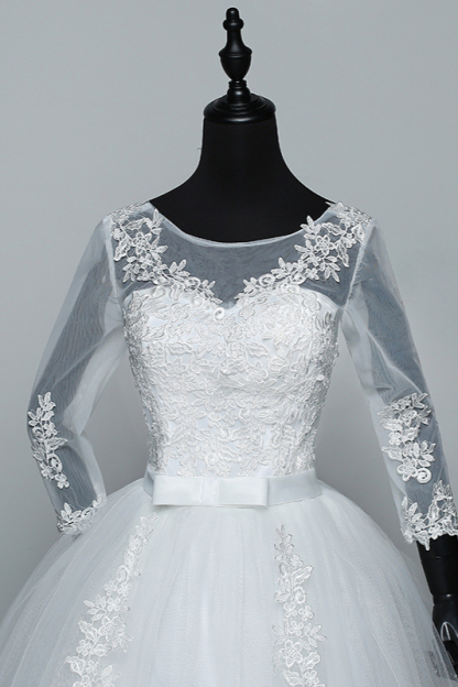 BMbridal Gorgeous Jewel Tulle Lace White Wedding Dresses 3/4 Sleeves Appliques Bridal Gowns On Sale