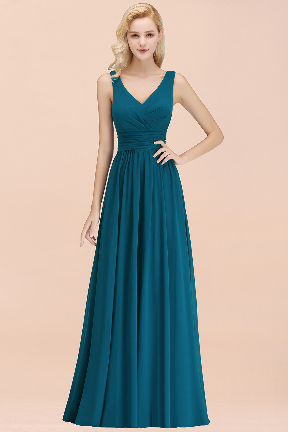 BMbridal Modest Sleeveless V-Neck Long Chiffon Bridesmaid Dress Online with Ruffle-BMbridal