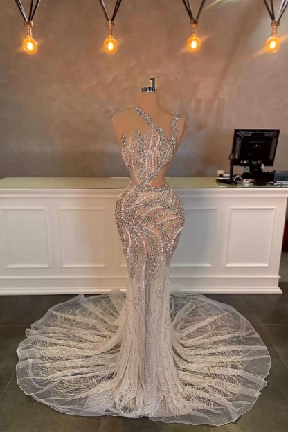 Stunning Mermaid One-Shoulder Sleeveless Sequined Prom Dresses with Beads