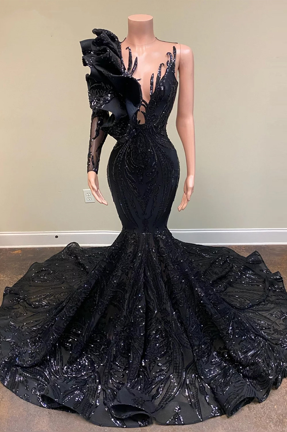 Bmbridal Black One Shoulder Long Sleeves Prom Dress Mermaid Sequins-BMbridal