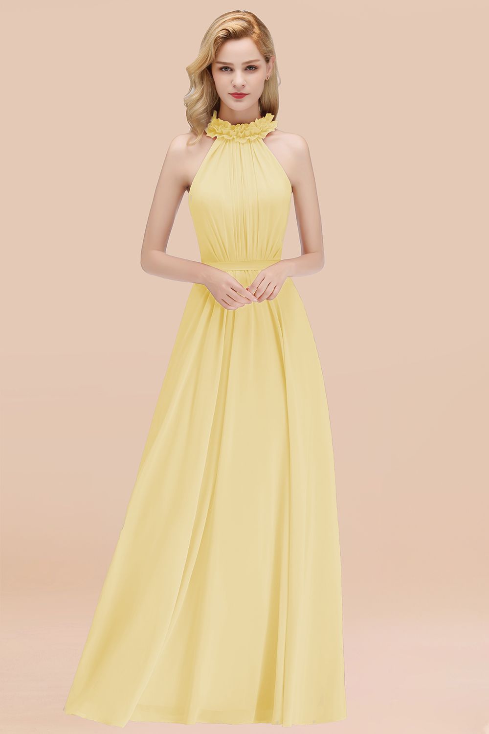 BMbridal Modest High-Neck Halter Ruffle Chiffon Bridesmaid Dresses Affordable-BMbridal
