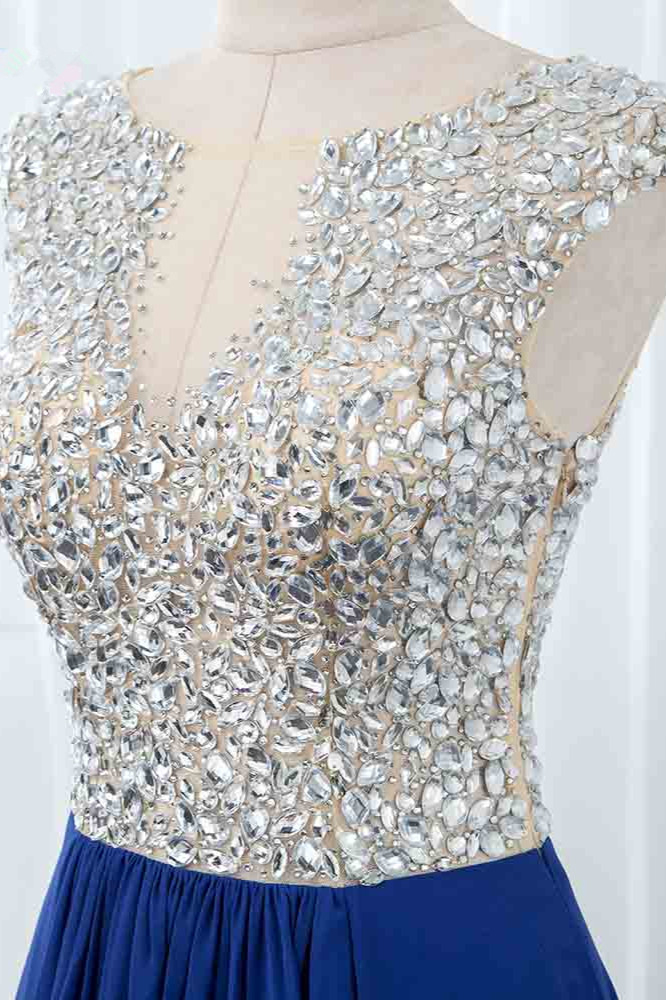 BMbridal Sparkly Chffon V-Neck Front Slit Royal Blue Prom Dresses with Beading Top