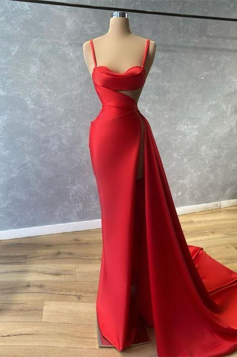Bmbridal Red Mermiad Sweetheart Sleeveless Prom Dress with Ruffles
