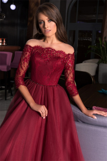 Bmbridal Half Sleeves Burgundy Lace Prom Dress Tulle Long