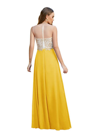 A-line Scoop Chiffon Appliques Floor-Length Dresses Dark Navy-BMbridal