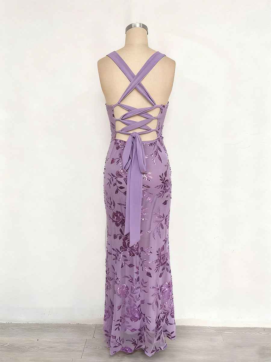 Lavender Square Neckline Floral Sequin Column Prom Dress with Wide Straps