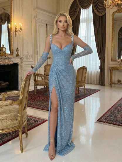 Light Blue Sequin Mermaid Matching Opera Gloves Long Prom Dress with Slit