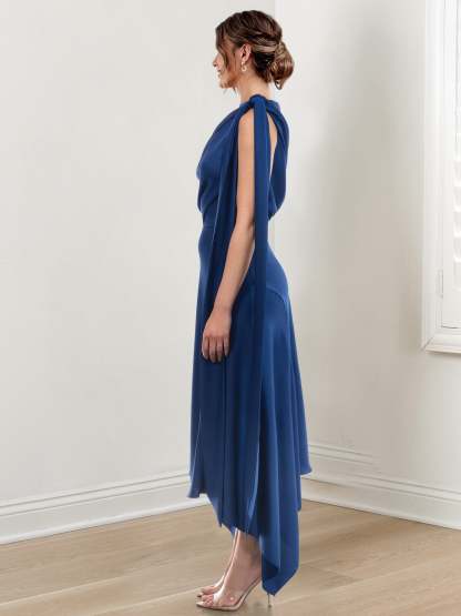 Asymmetrical Tea-Length Mother of the Bride Sheath Dress with Ruched Column Jewel Neck-BMbridal
