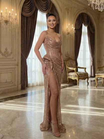 Champagne Gold Crystal-Embellished Corset Long Prom Dress with Slit