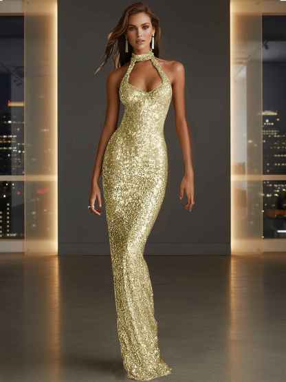 Glamorous Gold Sequin Halter Neck Mermaid Long Prom Dress