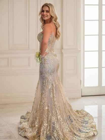 Trumpet/Mermaid Spaghetti Straps Sparkly Sequin Lace Applique Long Prom Dress