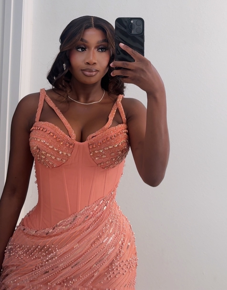 Peach Sorbet Sculptural Corset Gown - Luxury Pearl-Beaded Mermaid Prom Dress