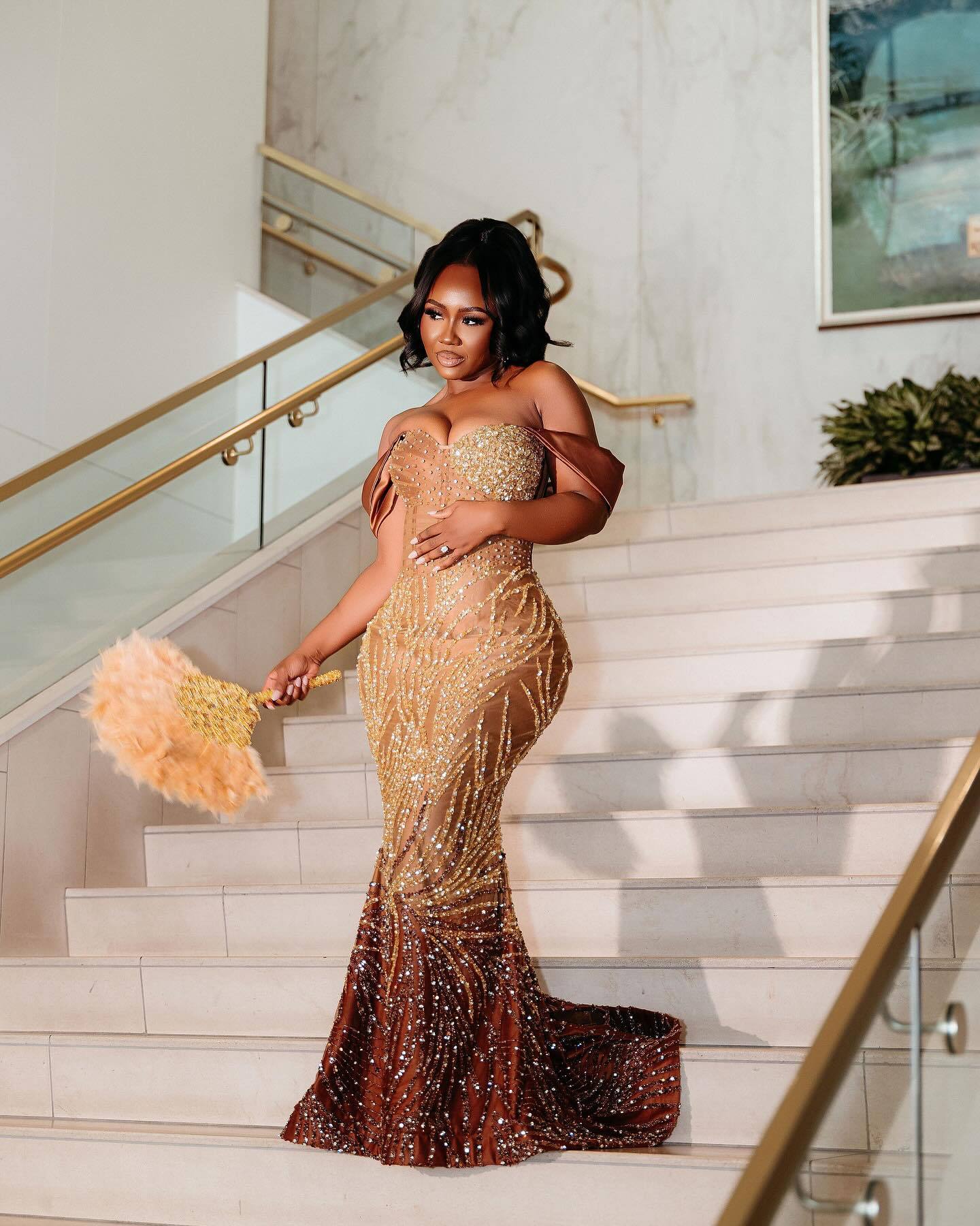 Golden Sunset - Ombre Beaded Mermaid Prom Dress with Feather Trim