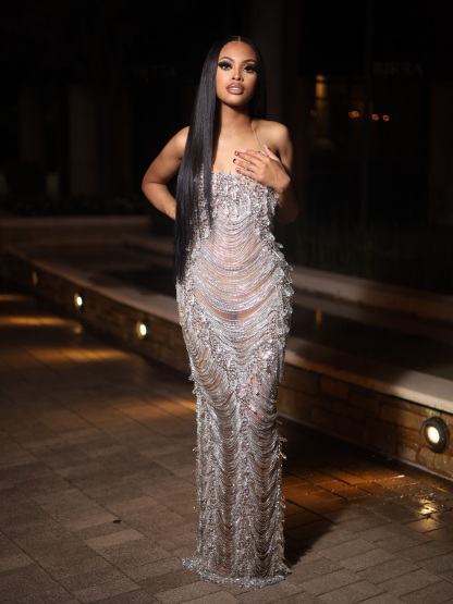 The Platinum Goddess - 2026 Luxury Silver Crystal Fringe Illusion Column Gown: Off-Shoulder Crystal Draping with Sheer Bodice & Floor-Length Fringe