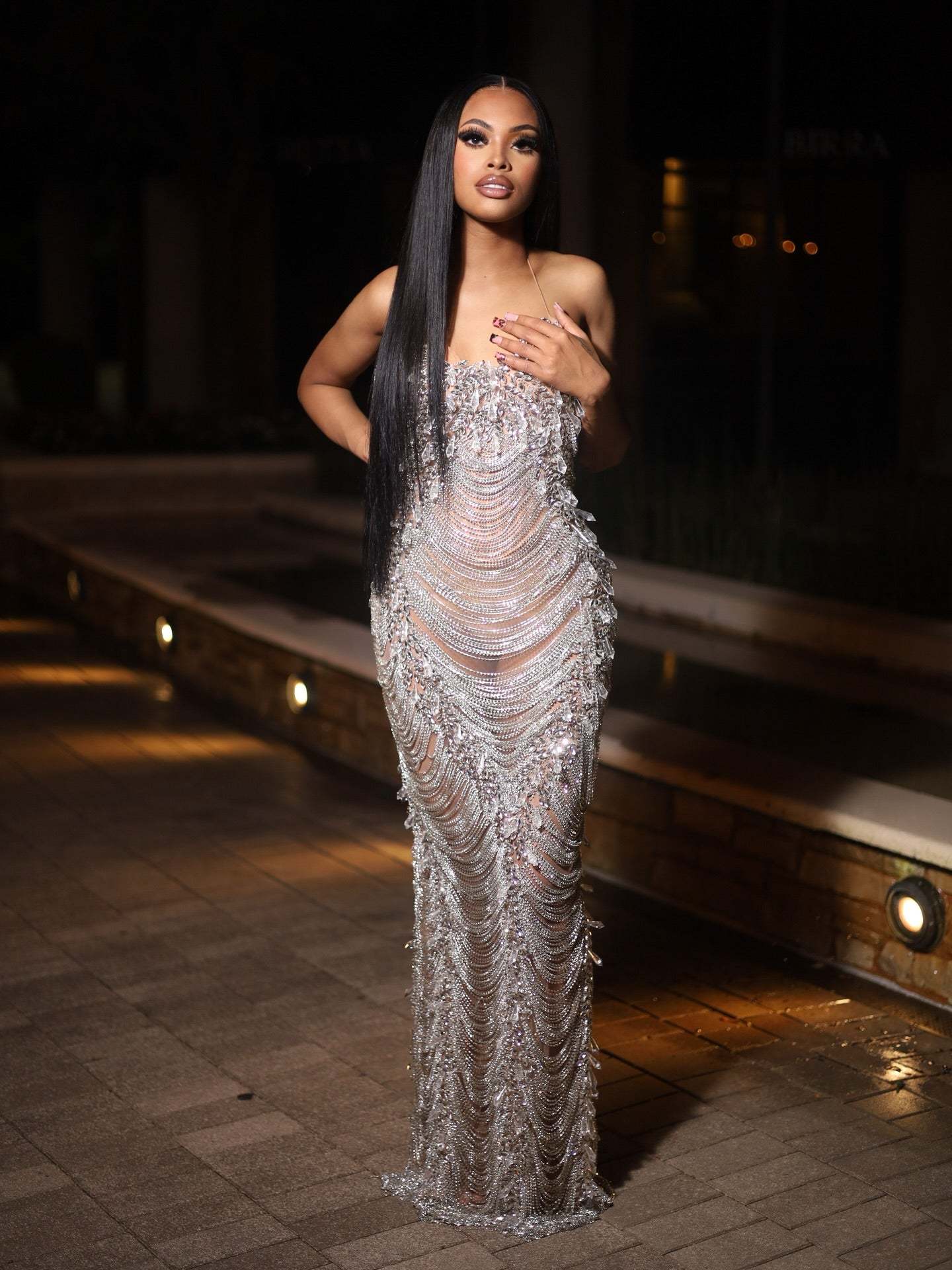 The Diamond Empress - 2026 Luxury Silver Crystal Fringe Illusion Mermaid Gown: Strapless Sweetheart with Crystal Chain Draping, Sheer Bodice & Sweep Train