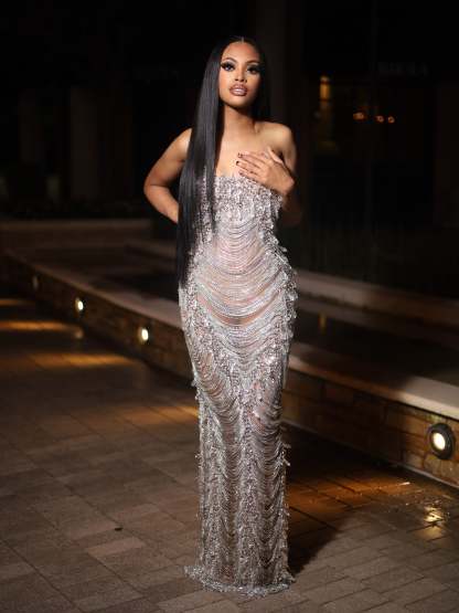 The Diamond Empress - 2026 Luxury Silver Crystal Fringe Illusion Mermaid Gown: Strapless Sweetheart with Crystal Chain Draping, Sheer Bodice & Sweep Train
