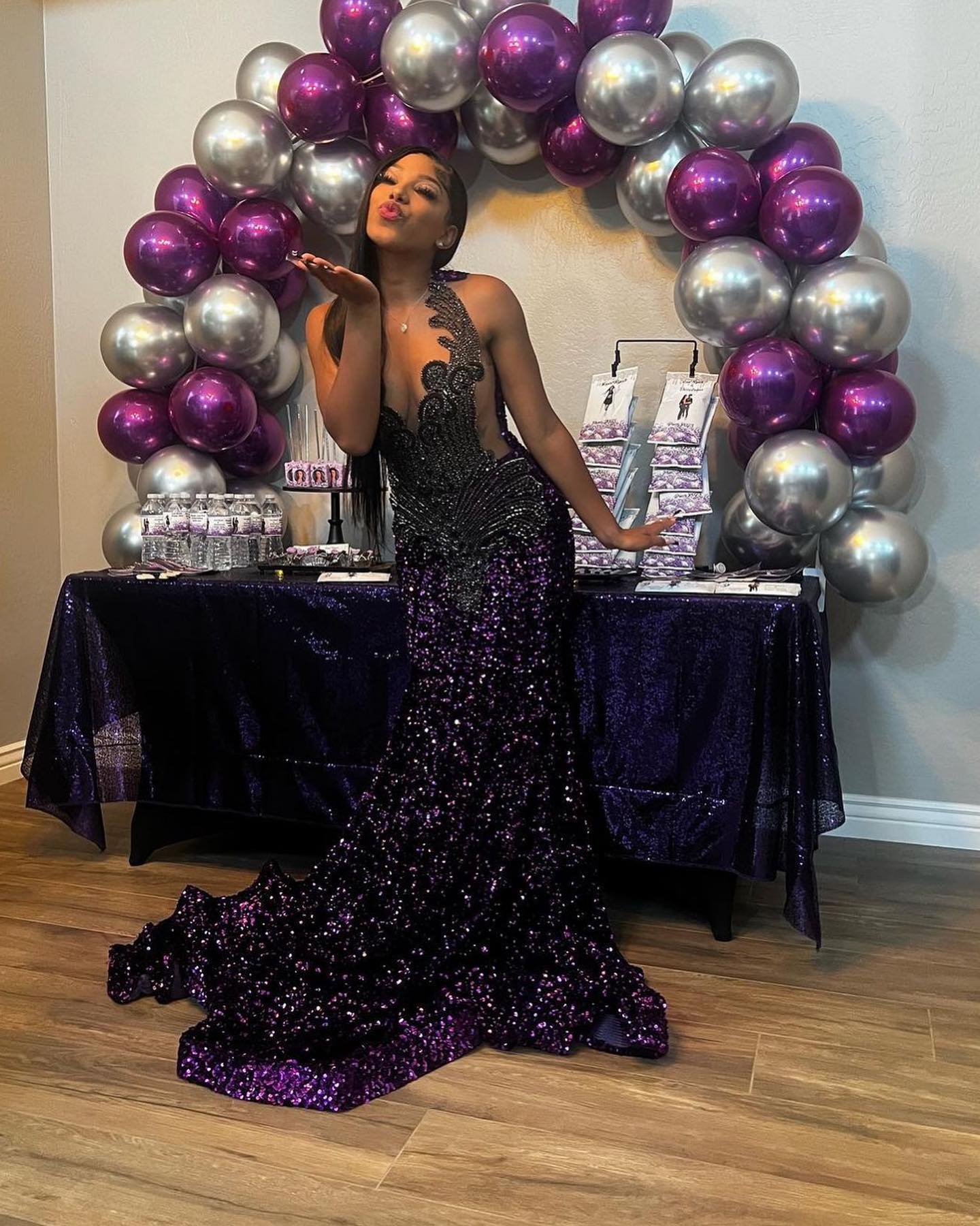 The Midnight Amethyst - 2026 Ombré Mermaid Gown: Black Filigree Lace & Iridescent Purple Sequin Scalloped Train