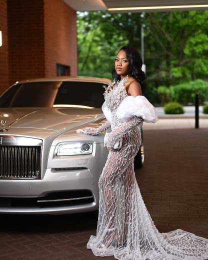 Silver Dream - Crystal Beaded Prom Dress with Dramatic Puff Sleeves