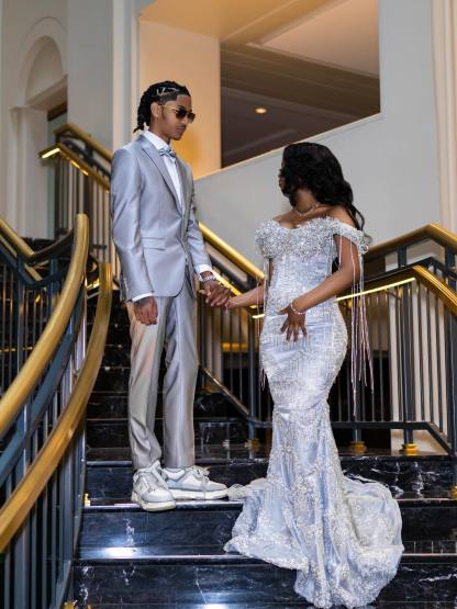 Luxury Glacial Silver Beaded Prom Dress – Crystal Fringe Mermaid Gown with Feather Accents | 2026 Couture Evening Collection