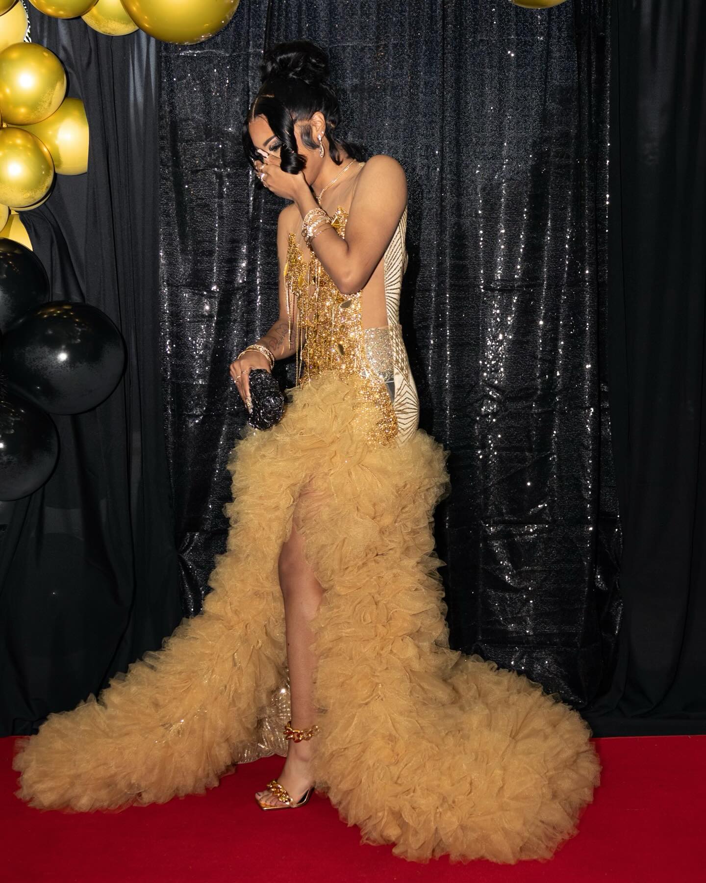 24K Goddess Gold Crystal Gown - 2026 Ruffled Tulle Mermaid Prom Dress with Illusion Bodice