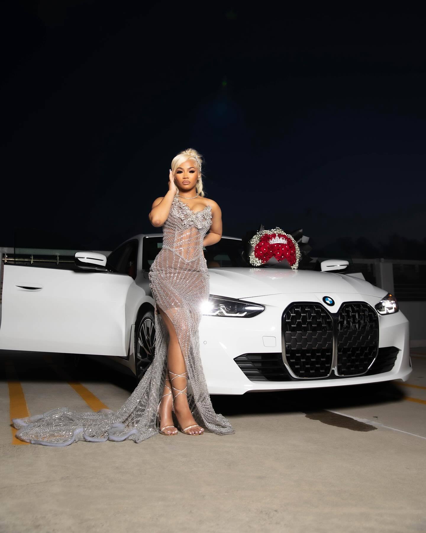 Silver Goddess - Sheer Crystal Beaded Prom Dress with High Slit