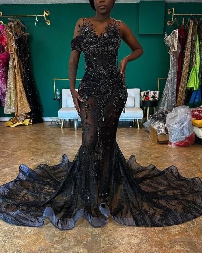 Black Elegance - 3D Floral Beaded Mermaid Prom Dress with Ruffle Train