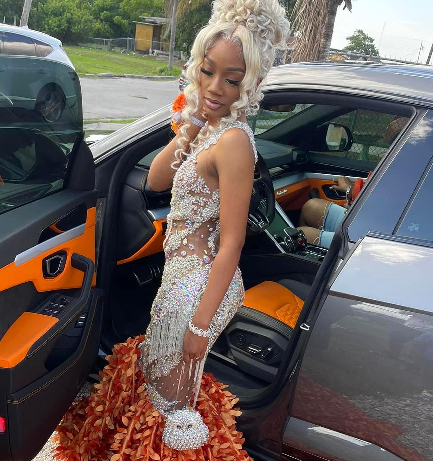 Orange Flame - Crystal Beaded Prom Dress with Massive 3D Petal Train