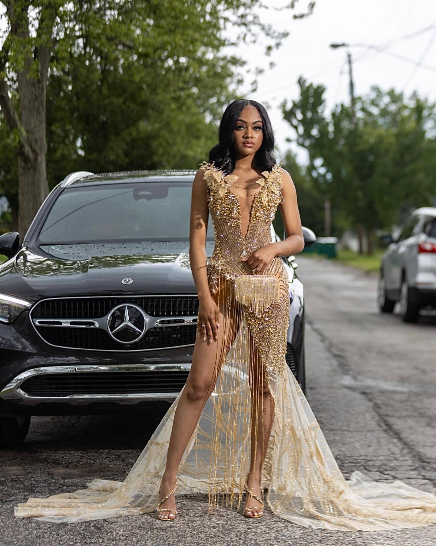 Golden Goddess - Luxury Beaded Mermaid Prom Dress with 3D Florals & Fringe