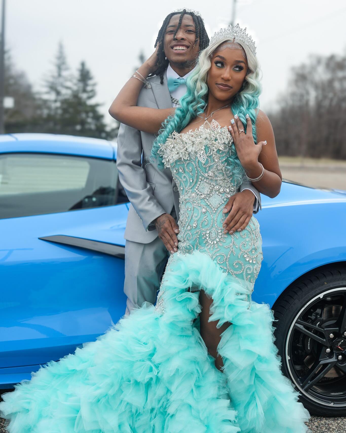 Tiffany Blue Crystal Mermaid Gown - 2026 3D Leaf Bodice & Explosive Ruffle Tiered Prom Dress