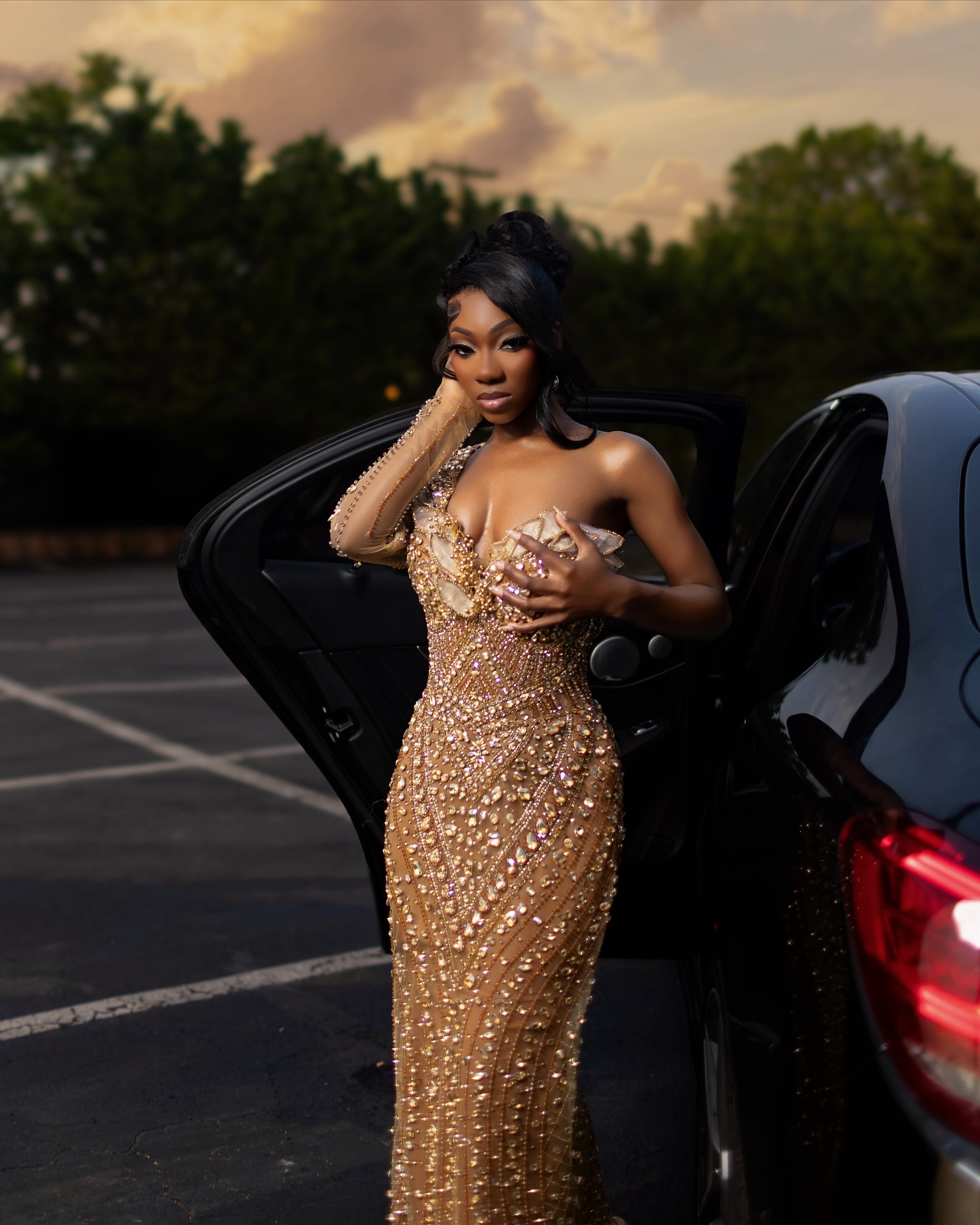 2026 Golden Hour Beaded Prom Dress – Opulent Nude Gold Sequin Gown | Asymmetrical Long Sleeve & One Shoulder