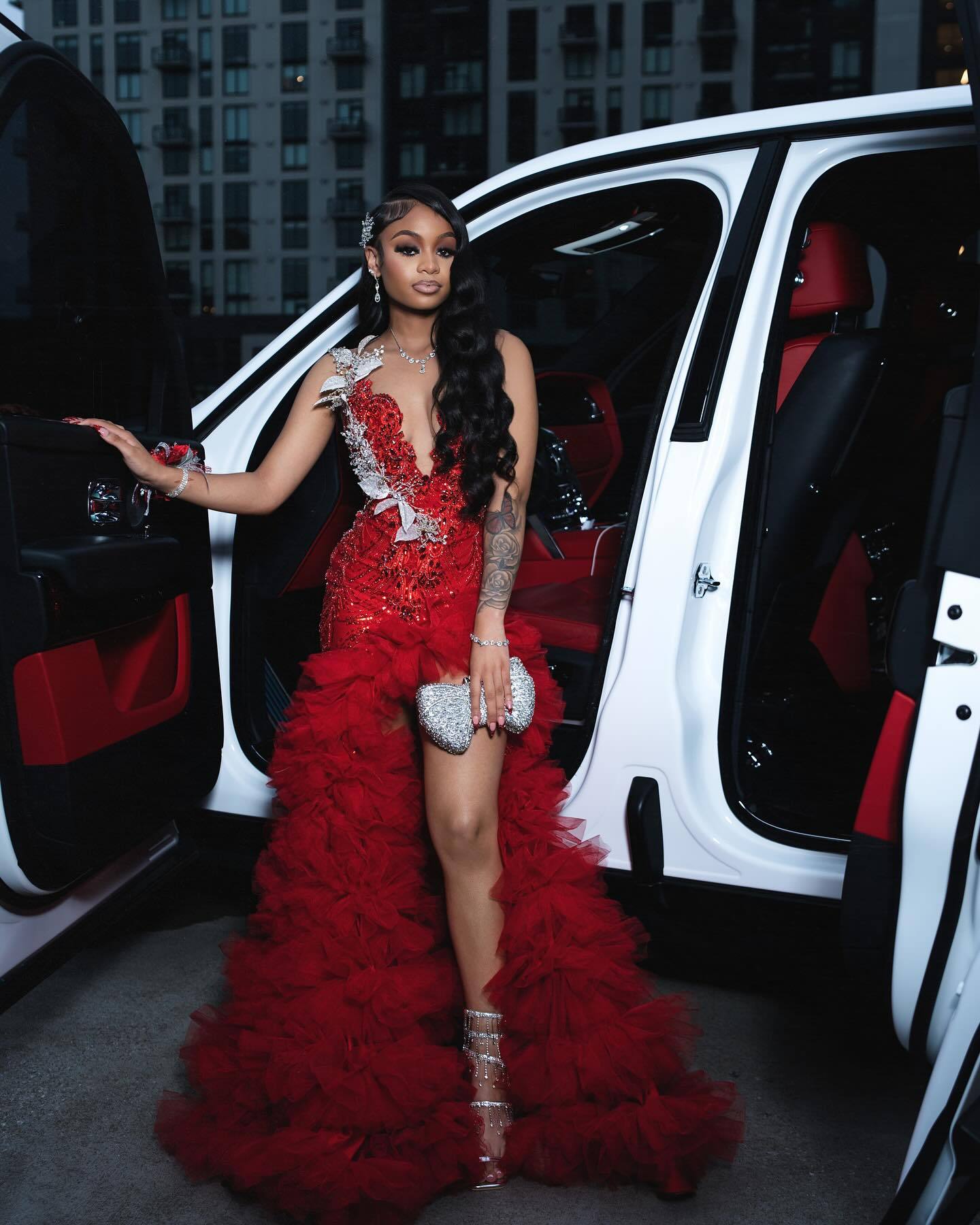 Scarlet Empress Red Sequin Gown – 3D Silver Lace & Tiered Ruffle Train