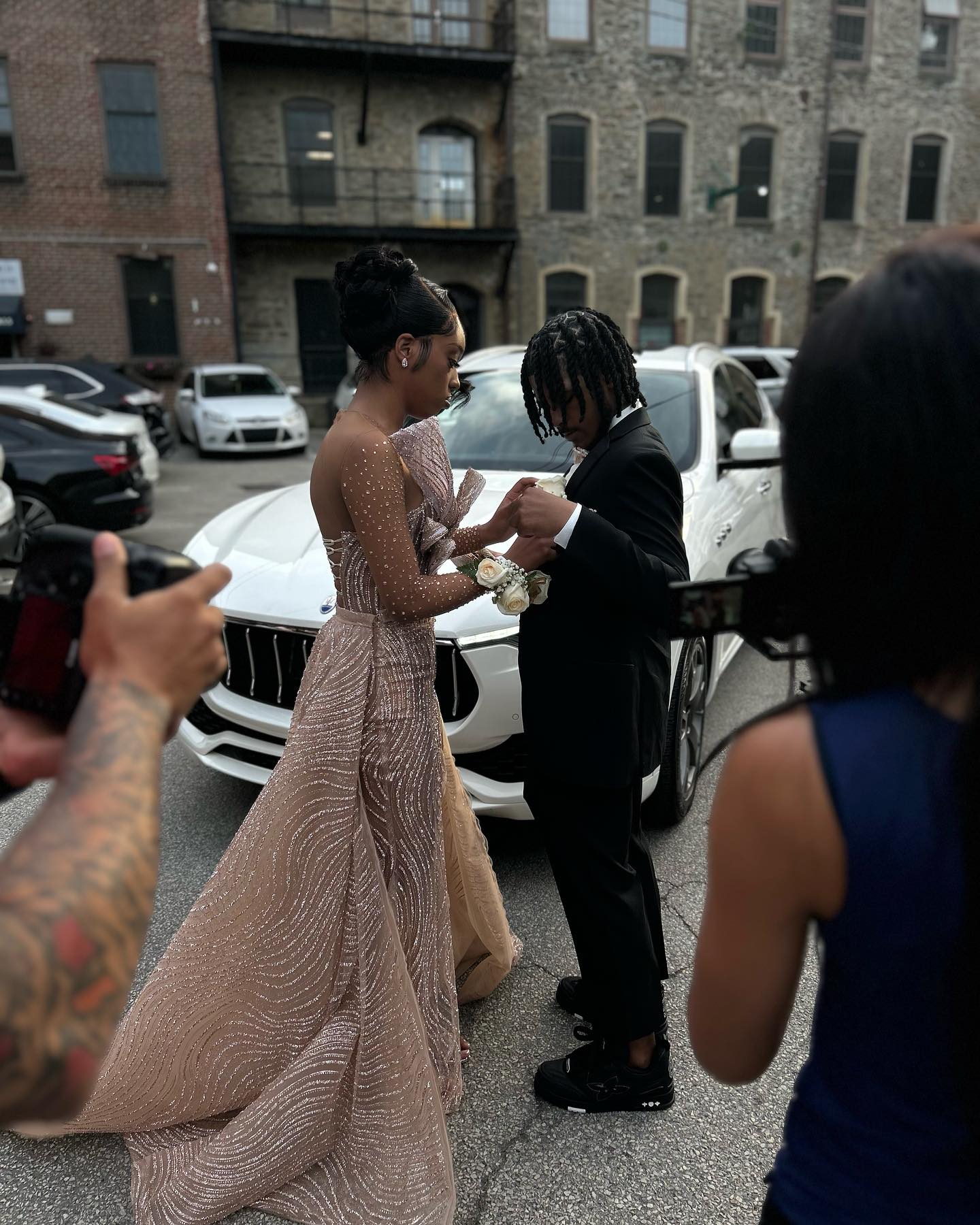 Rose Gold Waves - Beaded Long Sleeve Prom Dress with High Slit
