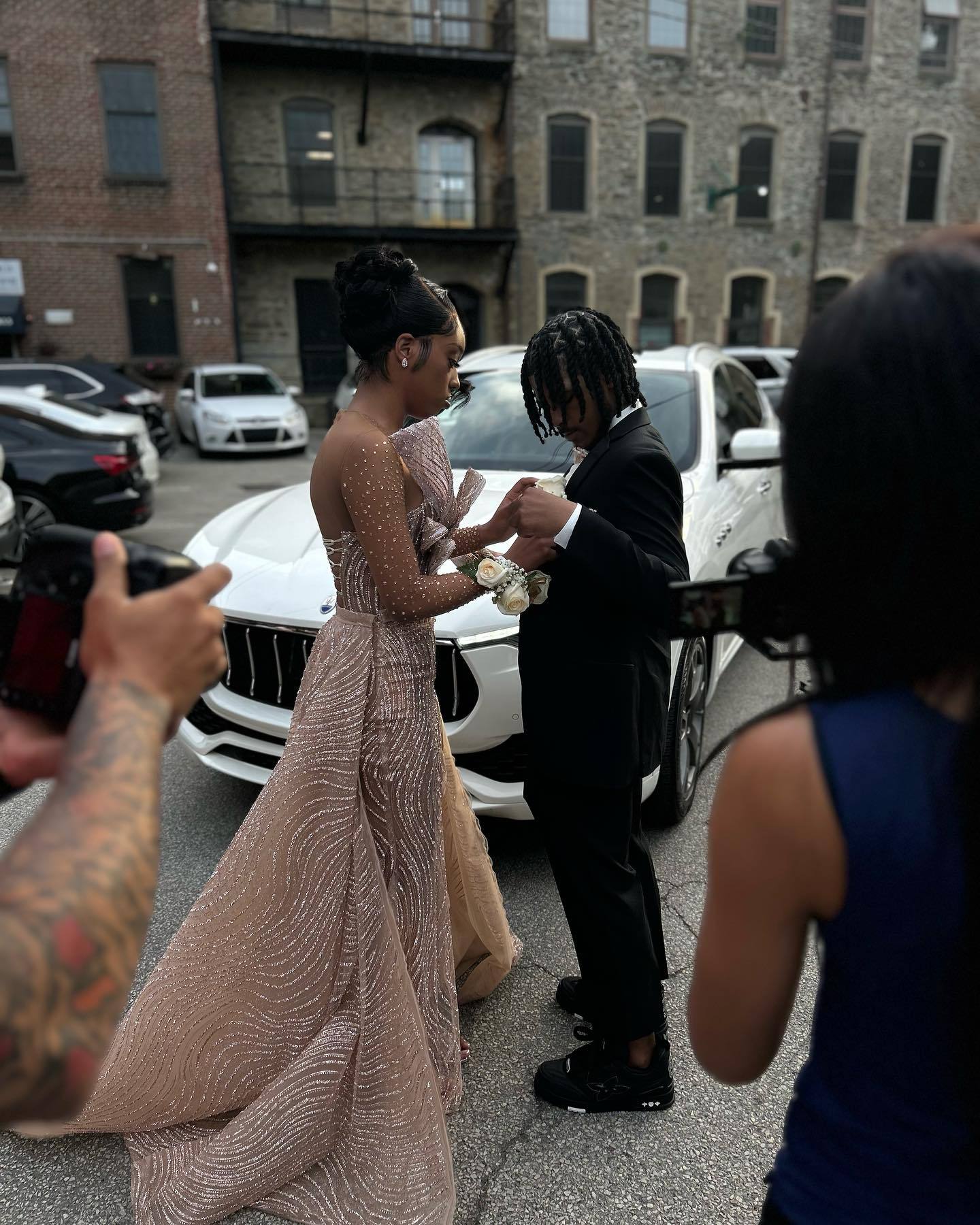 Rose Gold Waves - Beaded Long Sleeve Prom Dress with High Slit