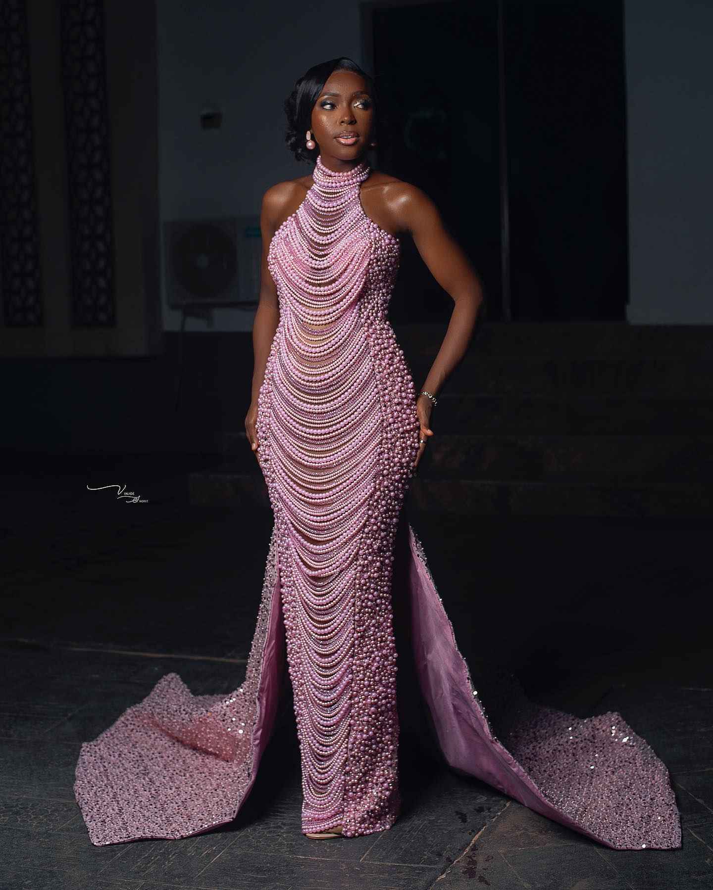 The Pink Pearl - 2026 Pearl Beaded Mermaid Gown: High Halter Neckline with Cascading Pearl Fringe Draping & Asymmetric Beadwork
