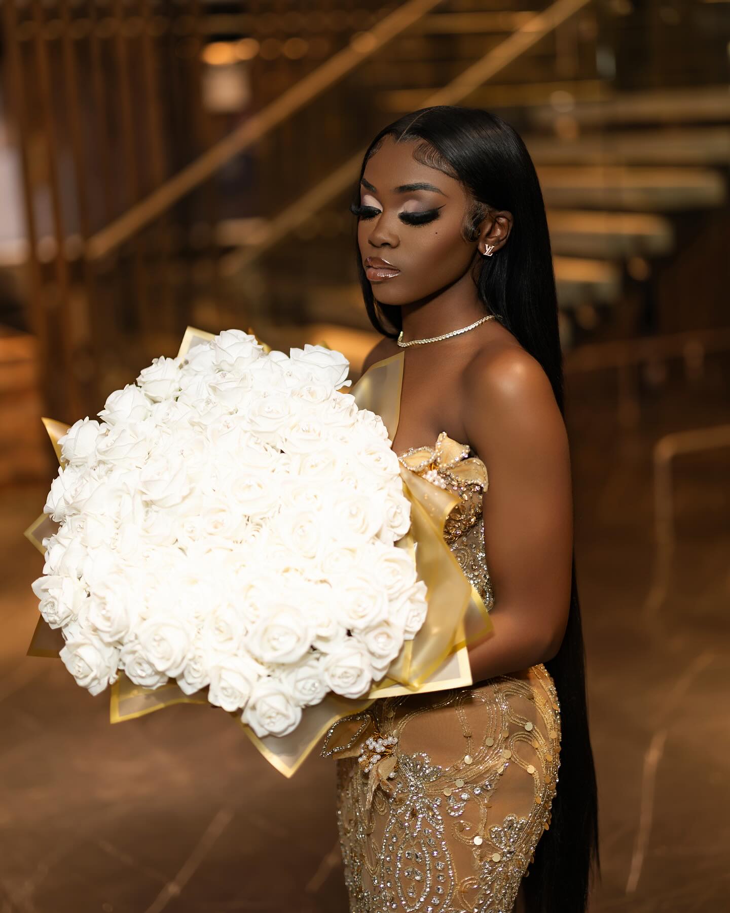 Luxury Champagne Gold Hooded Prom Dress – 3D Floral Appliqué Mermaid Gown with Cathedral Veil & High Slit | 2026 Couture Gala Collection